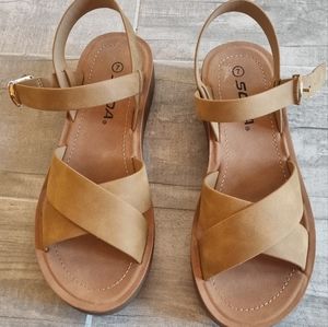 Soda, 7, tan platform sandals